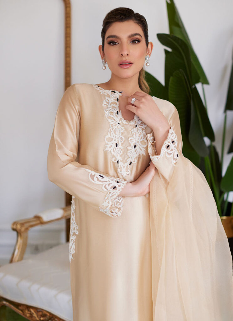 Melvina Champagne Beige Embroidered Shisha Silk Shirt With Dupatta - Image 5
