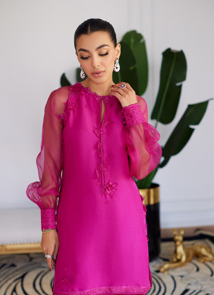 Elio Hot Pink Raw Silk Shirt With Dupatta - Image 6