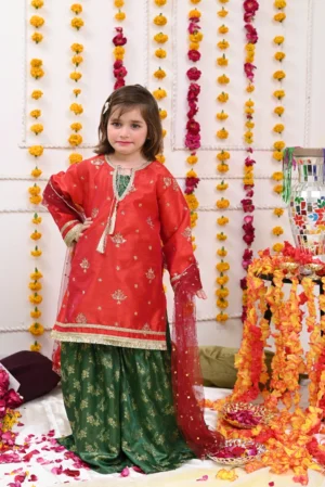 Mom4Little-Tomato Red and Green Gharara Set - Rtd