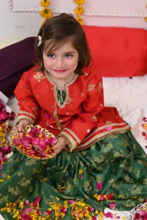 Mom4Little-Tomato Red and Green Gharara Set - Rtd