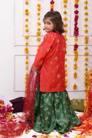 Mom4Little-Tomato Red and Green Gharara Set - Rtd