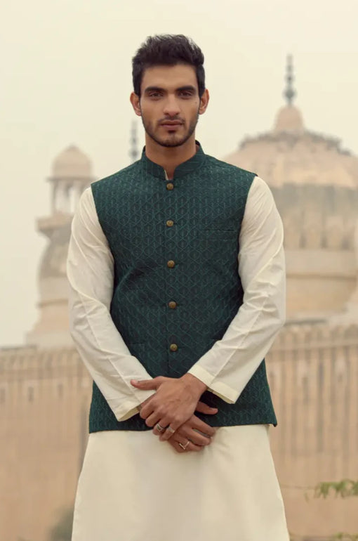 Green Waistcoat Kurta Corner Ensemble Pakistan