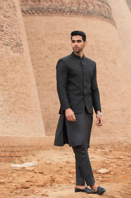 Black Embroidered Prince coat Kurta Corner Ensemble Pakistan