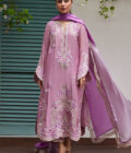 Ivan Mauve Embroidered Cotton Net Shirt with Medium Silk Dupatta