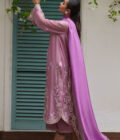 Ivan Mauve Embroidered Cotton Net Shirt with Medium Silk Dupatta - Image 6