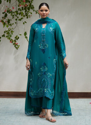 Leona Emerald Embroidered Cotton Net Shirt With Silk Dupatta
