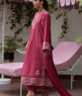 Feo Crimson Embroidered Raw Silk Shirt and Dupatta - Image 5