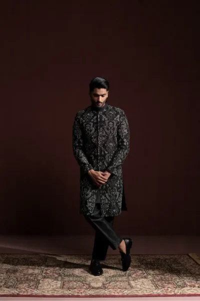 Black Sherwani With Silver Hand Embroidery