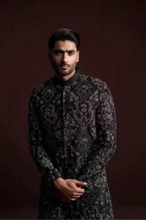 Black Sherwani With Silver Hand Embroidery