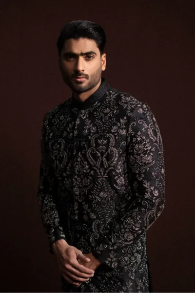 Black Sherwani With Silver Hand Embroidery - Image 5