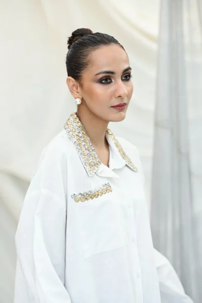 Shirt with Gold & Silver Pocket in White - Image 2