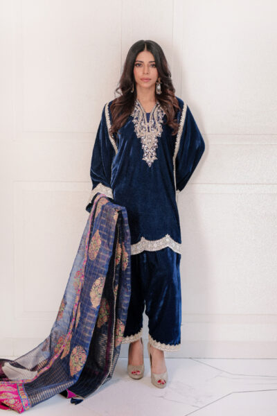 Javeria Navy Firdous Velvet Set