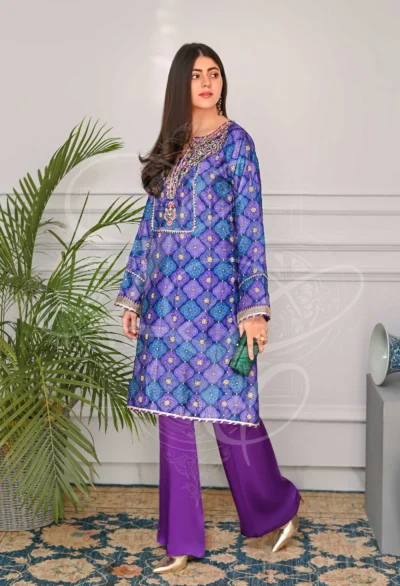 Purple Short Boxy Shirt With Silk Pants - Image 2