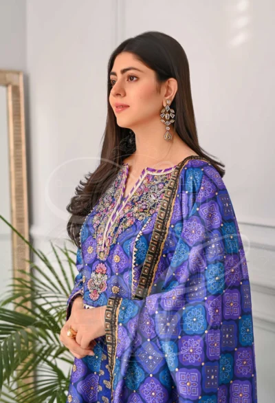 Purple Short Boxy Shirt With Silk Pants - Image 4
