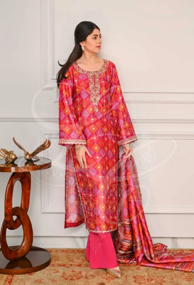 Fuchsia Printed Long Top With Silk Pants