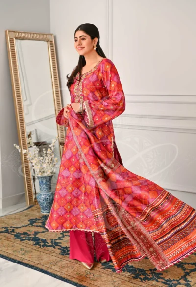 Fuchsia Printed Long Top With Silk Pants - Image 2