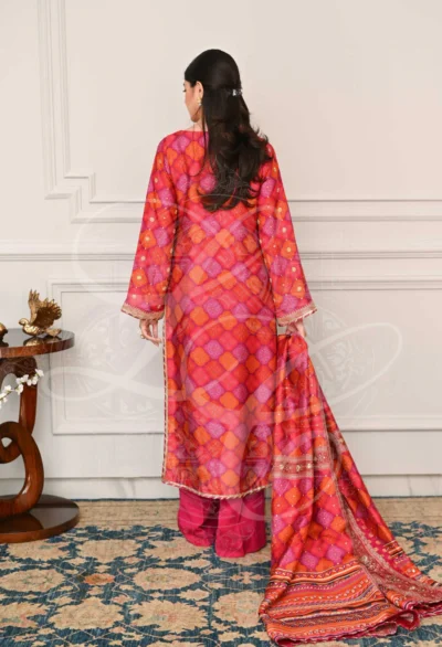 Fuchsia Printed Long Top With Silk Pants - Image 3