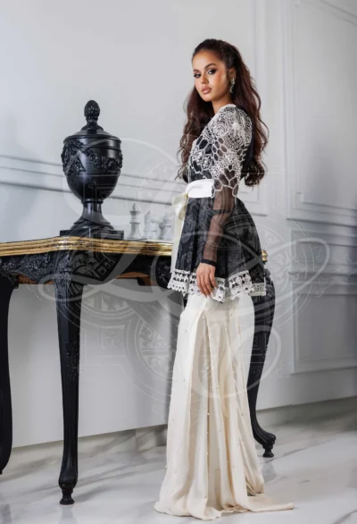 Black Peplum Coat With Pearl Chan Gharara - Image 2