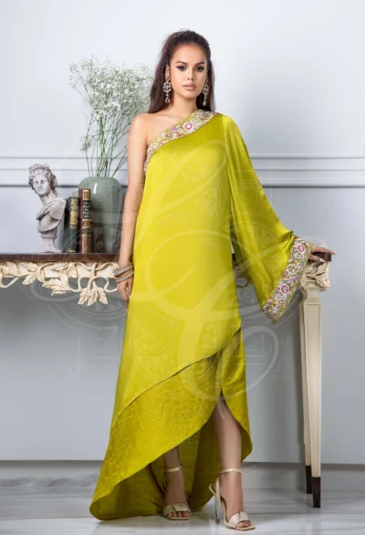 Lime Green Asymmetrical Top With Tulip Sarong