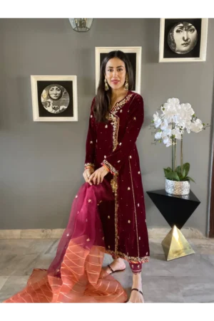 Garnet Shirt With Pants & Dupatta Aa 00057