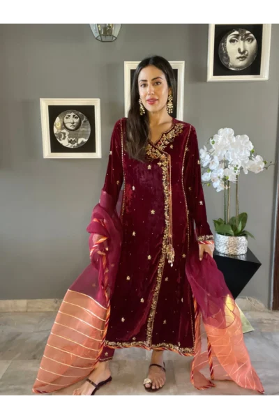 Garnet Shirt With Pants & Dupatta Aa 00057