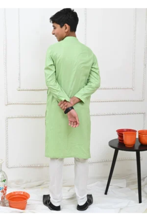 Mom4Little Pret Cotton Light Green Kurta and White Pajama