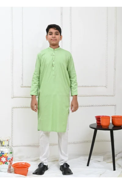 Mom4Little Pret Cotton Light Green Kurta and White Pajama