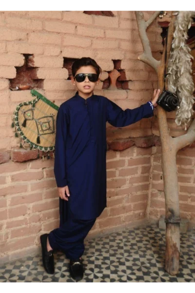 Mom4Little Pret Blended Cotton Navy Blue Kameez Shalwar set