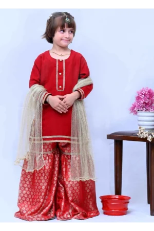 Mom4Little Red Raw Silk Gharara Set