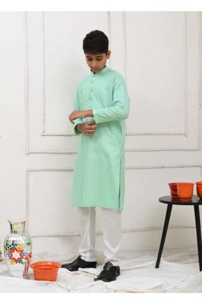 Mom4Little Pret Cotton Sea Green and white kurta pajama - Image 3