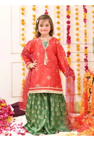 Mom4Little-Tomato Red and Green Gharara Set - Rtd