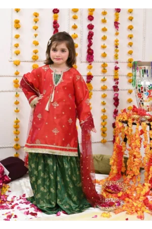 Mom4Little-Tomato Red and Green Gharara Set - Rtd