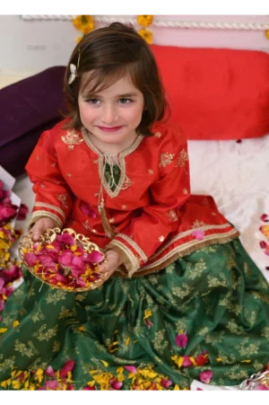 Mom4Little-Tomato Red and Green Gharara Set - Rtd