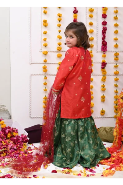 Mom4Little-Tomato Red and Green Gharara Set - Rtd - Image 9