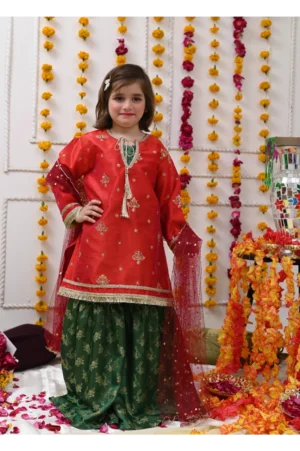 Mom4Little-Tomato Red and Green Gharara Set - Rtd