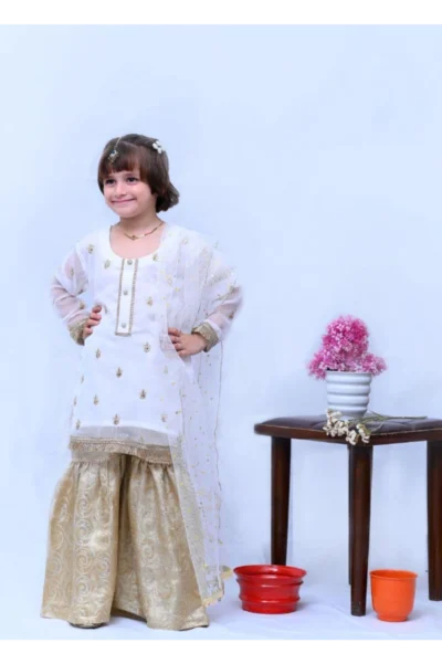 Mom4Little  White Chiffon Gharara Set