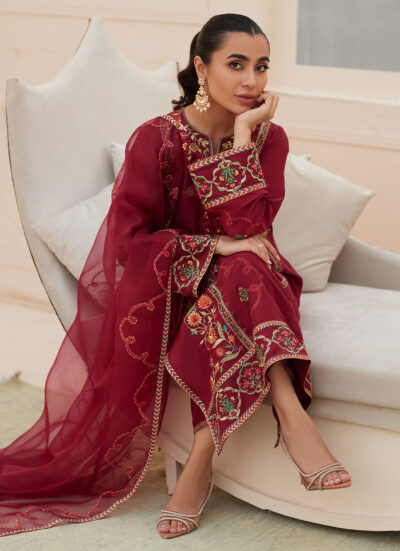 Marsala Silk Shirt and Dupatta - Image 5