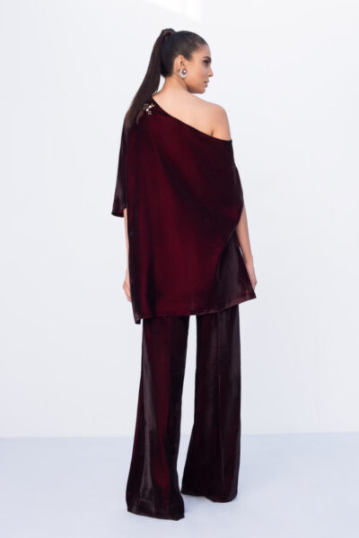 Deep Mahogany Velvet Off Shoulder Top With Bootcut Trouser - Image 2