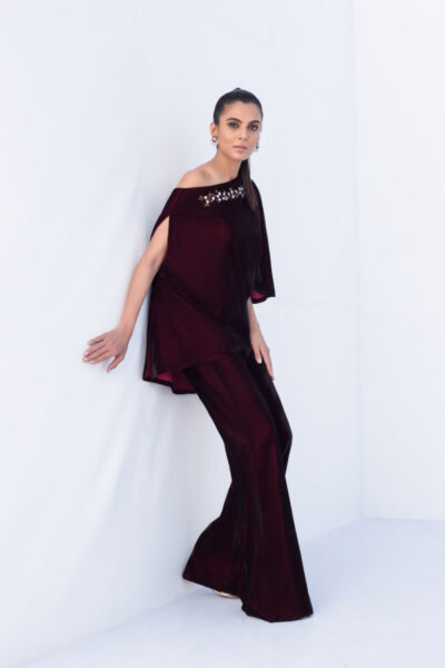 Deep Mahogany Velvet Off Shoulder Top With Bootcut Trouser - Image 3