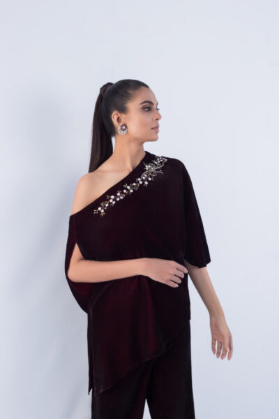 Deep Mahogany Velvet Off Shoulder Top With Bootcut Trouser - Image 4