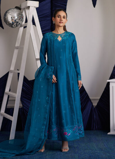 Shiro Teal Paneled Shirt And Dupatta - Image 3
