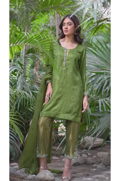 Olive Green Jacquard Pants Ensemble