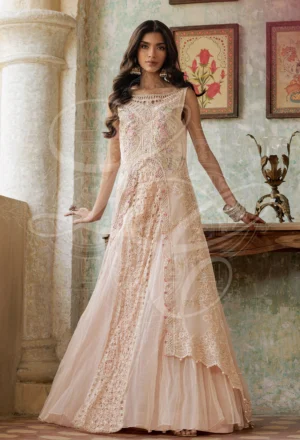 Shirin - Cutwork hi low shirt with crushed cutwork lehenga