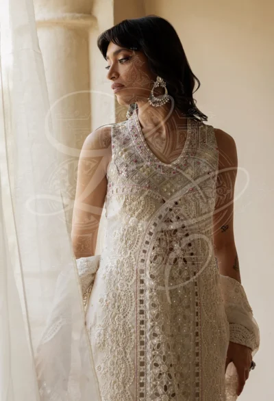 Parvaneh - Long cutwork kameez with Striped gharara and organza ruffle - Image 7