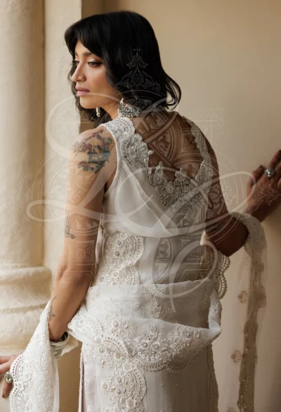 Parvaneh - Long cutwork kameez with Striped gharara and organza ruffle - Image 8
