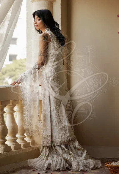 Parvaneh - Long cutwork kameez with Striped gharara and organza ruffle - Image 6