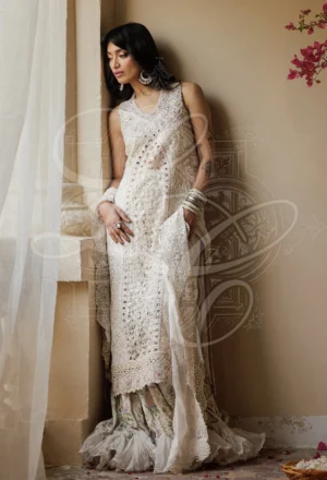 Parvaneh - Long cutwork kameez with Striped gharara and organza ruffle