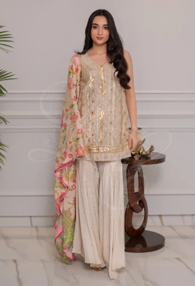 Ayla Beige Gota Tunic & Gharara Set - Image 3