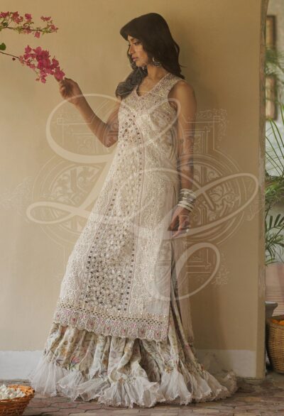 Parvaneh - Long cutwork kameez with Striped gharara and organza ruffle - Image 4