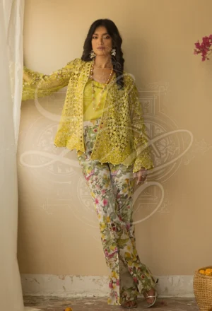 AVA - Cutwork Coat with bell Sleeves and printed bootcut Pant
